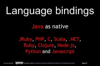 Language bindings
                                Java as native

                   JRuby, PHP, C, Scala, .NET,
         ...