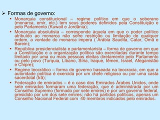 Formas de governo: Monarquia constitucional – regime político em que o soberano (monarca, emir, etc.) tem seus poderes definidos pela Constituição e pelo Parlamento (Kuwait e Jordânia); Monarquia absolutista – corresponde àquela em que o poder político atribuído ao monarca não sofre restrição ou limitação de qualquer ordem, a vontade do monarca impera ( Arábia Saudita, Catar, Omã e Barein); República presidencialista e parlamentarista – forma de governo em que a Constituição e a organização política são exercitadas durante tempo limitado por uma ou mais pessoas eleitas diretamente pelo Parlamento ou pelo povo (Turquia, Líbano, Síria, Iraque, Iêmen, Israel, Afeganistão e Chipre); Regime teocrático – forma de governo baseada na teocracia, em que a autoridade política é exercida por um chefe religioso ou por uma casta sacerdotal (Irã); Federação de emirados – é o caso dos Emirados Árabes Unidos, onde sete emirados formaram uma federação, que é administrada por um Conselho Supremo (formado por sete emires) e por um governo federal, presidido por um dos sete emires; não há partidos políticos, apenas um Conselho Nacional Federal com  40 membros indicados pelo emirados. 