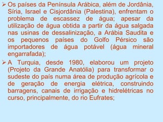 Os países da Península Arábica, além de Jordânia, Síria, Israel e Cisjordânia (Palestina), enfrentam o problema de escassez de água; apesar da utilização de água obtida a partir da água salgada nas usinas de dessalinização, a Arábia Saudita e os pequenos países do Golfo Pérsico são importadores de água potável (água mineral engarrafada); A Turquia, desde 1980, elaborou um projeto (Projeto da Grande Anatólia) para transformar o sudeste do país numa área de produção agrícola e de geração de energia elétrica, construindo barragens, canais de irrigação e hidrelétricas no curso, principalmente, do rio Eufrates; 