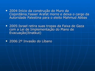 2004:Início da construção do Muro da Cisjordânia,Yasser Arafat morre e deixa o cargo da Autoridade Palestina para o eleito Mahmud Abbas 2005:Israel retira suas tropas da Faixa de Gaza com a Lei de Implementação do Plano de Evacuação(Itnatkut) 2006:2º Invasão do Líbano 