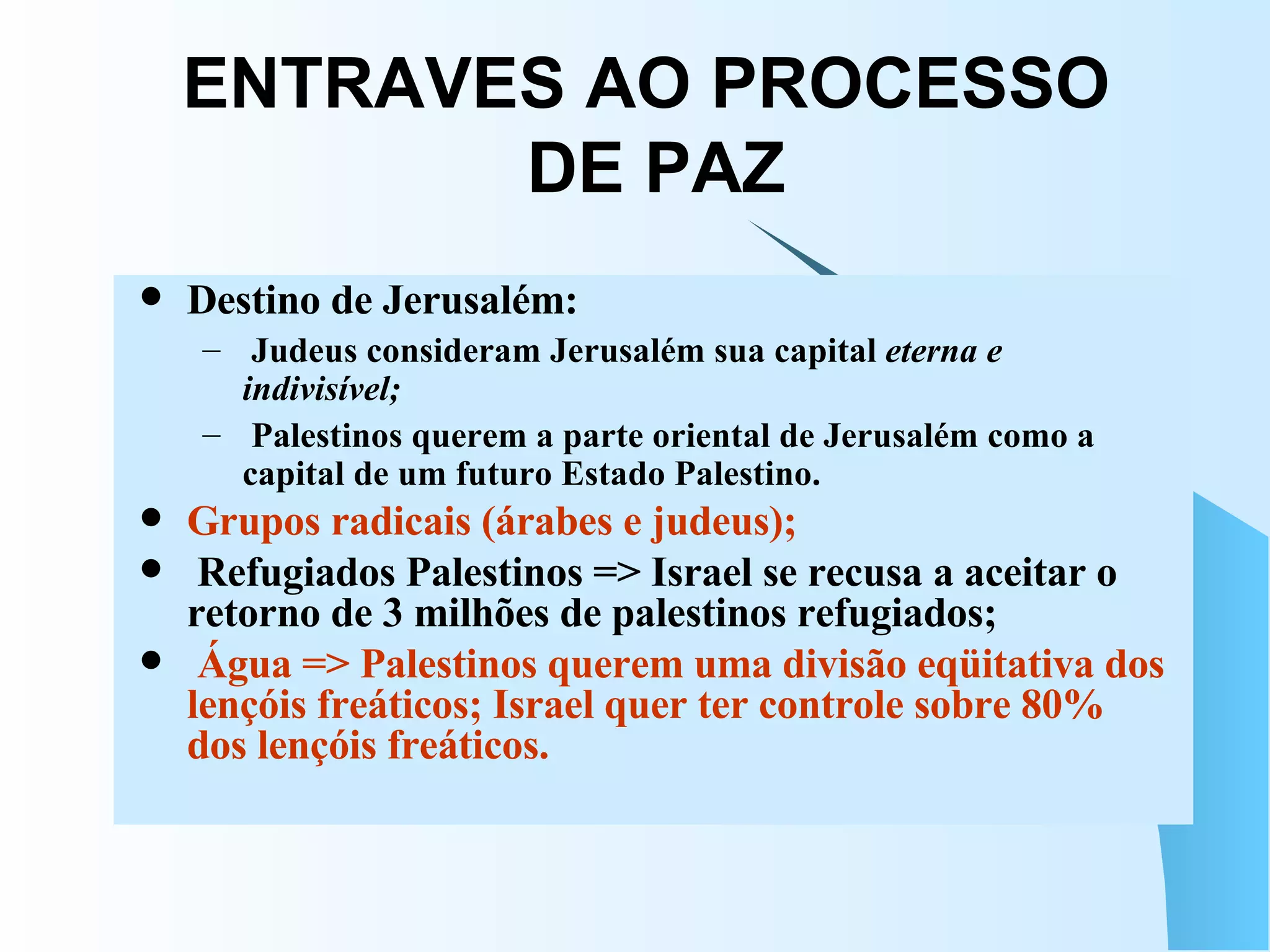 ENTRAVES AO PROCESSO  DE PAZ Destino de Jerusalém: Judeus consideram Jerusalém sua capital  eterna e indivisível; Palestinos querem a parte oriental de Jerusalém como a capital de um futuro Estado Palestino. Grupos radicais (árabes e judeus); Refugiados Palestinos => Israel se recusa a aceitar o retorno de 3 milhões de palestinos refugiados; Água => Palestinos querem uma divisão eqüitativa dos lençóis freáticos; Israel quer ter controle sobre 80% dos lençóis freáticos. 