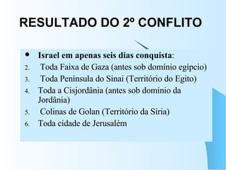 RESULTADO DO 2º CONFLITO Israel em apenas seis dias conquista : Toda Faixa de Gaza (antes sob domínio egípcio) Toda Península do Sinai (Território do Egito) Toda a Cisjordânia (antes sob domínio da Jordânia) Colinas de Golan (Território da Síria) Toda cidade de Jerusalém 
