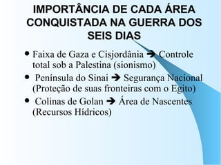IMPORTÂNCIA DE CADA ÁREA CONQUISTADA NA GUERRA DOS SEIS DIAS Faixa de Gaza e Cisjordânia    Controle total sob a Palestina (sionismo) Península do Sinai    Segurança Nacional (Proteção de suas fronteiras com o Egito) Colinas de Golan    Área de Nascentes (Recursos Hídricos)  
