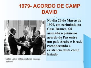 1979- ACORDO DE CAMP DAVID No dia 26 de Março de 1979, em cerimônia na Casa Branca, foi assinado o primeiro acordo de Paz entre um país Árabe e Israel, reconhecendo a existência deste como Estado. Sadat, Carter e Begin selaram o acordo histórico  