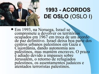 1993 - ACORDOS DE OSLO  (OSLO I) Em 1993, na Noruega, Israel se compromete a devolver os territórios ocupados em 1967 em troca de um acordo de paz definitivo. Israel deixa boa parte dos centros urbanos palestinos em Gaza e Cisjordânia, dando autonomia aos palestinos, mas mantém encraves. O prazo é adiado devido a impasses sobre Jerusalém, o retorno de refugiados palestinos, os assentamentos judaicos e atentados terroristas palestinos.  