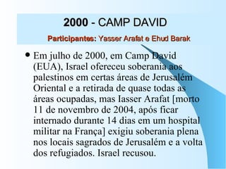 2000  - CAMP DAVID    Participantes:  Yasser Arafat e Ehud Barak Em julho de 2000, em Camp David (EUA), Israel ofereceu soberania aos palestinos em certas áreas de Jerusalém Oriental e a retirada de quase todas as áreas ocupadas, mas Iasser Arafat [morto 11 de novembro de 2004, após ficar internado durante 14 dias em um hospital militar na França] exigiu soberania plena nos locais sagrados de Jerusalém e a volta dos refugiados. Israel recusou.  