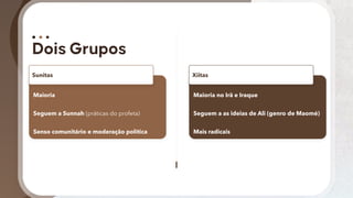 Maioria
Seguem a Sunnah (práticas do profeta)
Senso comunitário e moderação política
Sunitas
Maioria no Irã e Iraque
Seguem a as ideias de Ali (genro de Maomé)
Mais radicais
Xiitas
 