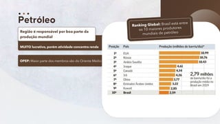 12
MUITO lucrativo, porém atividade concentra renda
Região é responsável por boa parte da
produção mundial
OPEP: Maior parte dos membros são do Oriente Médio
 