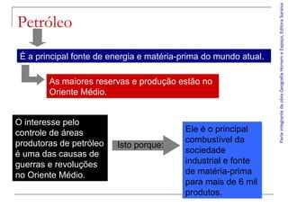 É a principal fonte de energia e matéria-prima do mundo atual.
As maiores reservas e produção estão no
Oriente Médio.
O interesse pelo
controle de áreas
produtoras de petróleo
é uma das causas de
guerras e revoluções
no Oriente Médio.

Isto porque:

Ele é o principal
combustível da
sociedade
industrial e fonte
de matéria-prima
para mais de 6 mil
produtos.

Parte integrante da obra Geografia Homem e Espaço, Editora Saraiva

Petróleo

 