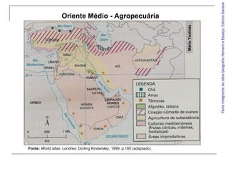 Fonte: World atlas. Londres: Dorling Kindersley, 1999. p.185 (adaptado).

Parte integrante da obra Geografia Homem e Espaço, Editora Saraiva

Mário Yoshida

Oriente Médio - Agropecuária

 