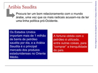 Procura ter um bom relacionamento com o mundo
árabe, uma vez que os mais radicais acusam-na de ter
uma linha política pró-Ocidente.

Os Estados Unidos
importam mais de 1 milhão
de barris de petróleo
saudita por dia, e a Arábia
Saudita é o principal
mercado dos produtos
estadunidenses no Oriente
Médio.

A fortuna obtida com o
petróleo é utilizada,
entre outras coisas, para
“comprar” a tranquilidade
do país.

Parte integrante da obra Geografia Homem e Espaço, Editora Saraiva

Arábia Saudita

 