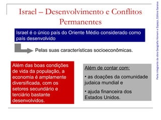 Israel é o único país do Oriente Médio considerado como
país desenvolvido
Pelas suas características socioeconômicas.
Além das boas condições
de vida da população, a
economia é amplamente
diversificada, com os
setores secundário e
terciário bastante
desenvolvidos.

Além de contar com:
• as doações da comunidade
judaica mundial e
• ajuda financeira dos
Estados Unidos.

Parte integrante da obra Geografia Homem e Espaço, Editora Saraiva

Israel – Desenvolvimento e Conflitos
Permanentes

 