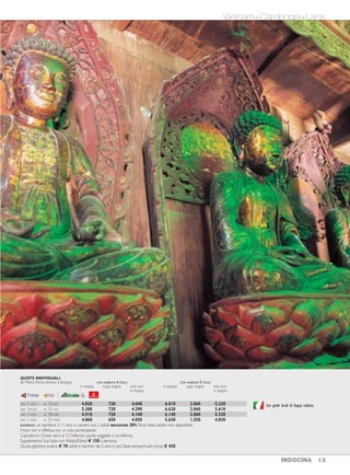 LA STORICA RESIDENZA DI HO CHI MINH, LA SUGGESTIVA PAGODA
A PILASTRO UNICO E I TEMPLI DI ANGKOR WAT.
INDOCINA MON AMOUR
16 GIORNI / 13 NOTTI PARTENZE TUTTI I GIORNI
MIN.2 PARTECIPANTI
Hanoi
Baia di Halong
Hue
Hoi An
Saigon
Angkor Wat
Luang Prabang
1° GIORNO Italia/Vietnam
Partenza con voli di linea per il Vietnam (via Europa e Bangkok). Pernottamento a
bordo.
2° GIORNO Hanoi
Arrivo e trasferimento in albergo. Pranzo libero.Tempo a disposizione per riposarsi.
Cena e pernottamento all’hotel Hanoi Pearl (4 stelle) oppure Hotel de l’Opera
Hanoi (5 stelle).
3° GIORNO Hanoi
Prima colazione. La visita della capitale del Vietnam include la visita (esterna) del
mausoleo di Ho Chi Minh e la sua residenza storica, la casa sulla palafitta, la pago-
da a pilastro unico ed il tempio della Letteratura. All’ora di pranzo parteciperete
attivamente ad un breve corso di cucina vietnamita dove imparerete a realizzare
alcuni piatti tradizionali. Nel pomeriggio, visita del museo etnografico e giro in
risciò di circa un’ora attraverso il quartiere della città vecchia e nei dintorni del
lago Hoan Kiem. La giornata si chiude con uno spettacolo di marionette sull’acqua.
Cena in ristorante. Pernottamento.
4° GIORNO Hanoi/ Halong/ Crociera nella baia
Prima colazione. Partenza al mattino per Halong, circa 4 ore di strada, con arrivo
intorno a mezzogiorno ed imbarco per una crociera di 20 ore nella baia di Ha-
long (patrimonio UNESCO) a bordo di una confortevole giunca in legno. Pranzo,
cena e pernottamento a bordo della giunca (Luxury Aphrodite Halong o similare;
cabine con servizi privati).
5° GIORNO Halong/ Hanoi/ Hue
Prima colazione a bordo. Si consiglia di svegliarsi all’alba per ammirare la baia nello
splendore del mattino. Sbarco prima di mezzogiorno, pranzo in ristorante e trasfe-
rimento all’aeroporto di Hanoi per il volo alla volta di Hue.Trasferimento in albergo.
Cena e pernottamento all’hotel Eldora (4 stelle) oppure PilgrimageVillage (5 stelle).
6° GIORNO Hue/ HoiAn
Prima colazione.Al mattino giro in bicicletta (o in motorino con autista) sulla strada
lungo il fiume fino alla pagoda diThien Mu.Sosta per la visita di una casa con un giardi-
no tipico della città di Hue.Visita della pagoda e proseguimento in auto per il mausoleo
di Minh Mang. Pranzo in ristorante. Nel pomeriggio, visita della Cittadella Imperiale e
proseguimento per Hoi An.Cena in ristorante.Pernottamento all’hotel Ancient Hou-
seVillage (4 stelle) oppure Palm Garden Resort (5 stelle).
7° GIORNO HoiAn e DuyVinh
Prima colazione. Intera giornata dedicata alla scoperta di Hoi An e dintorni con
visita a piedi dell’antico villaggio e dei principali siti tra cui il Ponte Giapponese, il
Tempio Cinese, la Casa di Tan Ky. Proseguimento in battello per il villaggio di Kim
Bong e ncontro con uno scultore locale. Si riparte in bicicletta (o in motorino con
guidatore) per il villaggio di DuyVinh. Qui si scopriranno le tecniche artigianali della
lavorazione del cai còi, la pianta utilizzata per la realizzazione delle tradizionali stuoie.
A seguire, visita del villaggio dei pescatori e rientro a Hoi An. Pranzo e cena in
ristorante. Pernottamento.
8° GIORNO HoiAn/ Ho Chi Minh
Prima colazione.Trasferimento all’aeroporto di Danang e volo per Ho Chi Minh
City (Saigon).Trasferimento in città e pranzo in ristorante. Nel pomeriggio, visita
della città cominciando dal quartiere cinese di Cho Lon con la pagodaThien Hau.
A seguire gli altri luoghi storici dell’antica Saigon: l’Ufficio Postale, la Cattedrale
Notre-Dame e la via Dong Khoi. Cena in ristorante panoramico. Pernottamento
all’hotel Grand (4 stelle) oppure Sofitel Sai Gon Plaza (5 stelle).
9° giorno,BenTre,Ho Chi Minh
Prima colazione. Partenza per Ben Tre e visita in barca sul fiume Mekong. Prose-
guimento per le insenature del Cai Son e del Nhon Thanh e giro in bicicletta (o in
motorino con guidatore) per esplorare l’area circostante. Pranzo in una casa locale.
Nel pomeriggio, si prende una barca a remi dall’isoletta di Cai Coi per esplorare il
torrente omonimo,visitare una fattoria di produzione di riso e una vecchia casa tipica
della regione. Rientro a Saigon. Cena in ristorante panoramico. Pernottamento.
10° GIORNO Ho chi Minh/ Siem Reap
Prima colazione.Trasferimento in aeroporto e volo per Siem Reap.Trasferimento
in città. Pranzo in ristorante. Nel pomeriggio, visita del museo nazionale di Angkor.
Cena in ristorante. Pernottamento all’hotel Tara Angkor (4 stelle) oppure al Bel-
mond La Residence Angkor (5 stelle).
11° GIORNOTempli di Roluos Banteay Srei eTa Prohm
Prima colazione. Si visitano i magnifici templi del gruppo Roluos: ilTempio di Bakong
del IX secolo ed a seguire il tempio di Preah Ko e quello di Lolei, oggi diventato un
piccolo monastero. Pranzo in ristorante. Nel pomeriggio si visita il tempio di Banteay
Srei, uno dei gioielli più straordinari dell’arte Khmer. Sulla via del ritorno, sosta al vec-
chio monastero di Ta Prohm, dove giganteschi alberi secolari hanno messo le radici
nelle pietre sovrastando le costruzioni circostanti. Cena in ristorante. Pernottamento.
12° GIORNOVisita diAngkorWat eAngkorThom
Prima colazione. Visita al meraviglioso tempio di Angkor Wat costruito nel XII
secolo dalla civiltà Khmer. Pranzo in ristorante. Nel pomeriggio, visita di Angkor
Thom (antica capitale del regno JayavarmanVII) con il tempio di Bayon e le sue 54
torri, laTerrazza degli Elefanti e laTerrazza del re lebbroso. Cena in ristorante con
spettacolo di danze tradizionali. Pernottamento.
13° GIORNO Siem Reap/ Luang Prabang
Prima colazione. Partenza in mattinata per il villaggio di Kompong Khleang, circa 40
km da Siem Reap, per ammirare le famose case su palafitta ed effettuare un giro in
barca attraverso i canali. Pranzo al sacco. Nel pomeriggio, trasferimento in aeropor-
to e volo per il Laos. Arrivo a Luang Prabang e trasferimento in albergo. Cena in
ristorante. Pernottamento all’hotel Villa Santi (4 stelle) o Maison Souvannaphoum
(5 stelle).
14° GIORNO Luang Prabang
Prima colazione. Al mattino, crociera sul fiume Mekong a bordo di una imbarca-
zione tradizionale per visitare le sacre grotte di Pak Ou. Si prosegue con l’escur-
sione alle cascate di Khuang Sy (circa 70 km andata e ritorno). Pranzo nei pressi
delle cascate con possibilità di fare anche un bagno nelle limpide acque dei bacini
circostanti. Rientro in città nel pomeriggio. In serata, partecipazione ad una tradi-
zionale cerimonia “Baci” di chiamata a raccolta delle anime e benedizione. Cena
presso la casa dove viene officiata la cerimonia. Pernottamento.
15° GIORNO Luang Prabang/ Italia
Prima colazione. Suggeriamo di svegliarvi presto per osservare i monaci nel loro
tradizionale abito zafferano camminare per la città in silenziosa processione per
raccogliere le offerte dei credenti. Prosegue la visita della città con i templi di
Vat Xieng Thong, un vasto insieme di edifici sacri; il Vat May, costruito alla fine
del XVIII secolo e residenza del Supremo Patriarca e il Palazzo Reale che oggi è
museo nazionale. Al termine, trasferimento in aeroporto e partenza per l’Italia.
Pernottamento a bordo.
16° GIORNO,Italia
Arrivo in Italia.
INDOCINA 1312 INDOCINA
EASIA - PRIV Viaggio in Indocina
Con guide locali di lingua italianaDAL 1-NOV AL 15-DIC 4.820 720 4.040 6.010 2.060 5.230
DAL 16-DIC AL 31-DIC 5.300 720 4.290 6.620 2.060 5.610
DAL 1-GEN AL 30-APR 4.910 720 4.100 6.140 2.060 5.330
DAL 1-MAG AL 31-MAG 4.860 650 4.050 5.630 1.550 4.830
BAMBINO: un bambino 2-11 anni in camera con 2 adulti RIDUZIONE 30%.Terzo letto adulto non disponibile.
Il tour non si effettua con un solo partecipante.
Capodanno Cinese dal 6 al 12 Febbraio: quote soggette a riconferma.
Supplemento Sud Italia con Alitalia/Etihad € 150 a persona.
Quota gestione pratica € 70 adulti e bambini dai 2 anni in poi.Tasse aeroportuali (circa) € 430.
QUOTE INDIVIDUALI
da Milano, Roma,Venezia e Bologna CON ALBERGHI 4 STELLE CON ALBERGHI 5 STELLE
in doppia supp. singola solo tour in doppia supp. singola solo tour
in doppia in doppia
Vietnam+Cambogia+Laos
 
