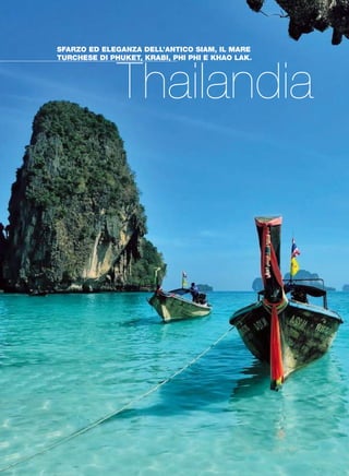 IL SITO UNESCO DELL'ANTICA CAPITALE AYUTTHAYA, IL PANORAMA
DELLE COLLINE DI CHIANG MAI E IL TRIANGOLO D'ORO.
Con accompagnatore/guida di lingua italiana.
THAILANDIA 23
1° GIORNO Bangkok/ Bang Pa In/ Ayutthaya/ Lopburi/ Phitsanuloke
Prima colazione. Incontro con la guida e partenza al mattino per Bang-Pa-In per
visitare la residenza estiva dei Re. Il tour prosegue verso la storica città di Ayutthaya
e le antiche rovine con i templi Wat Chaimongkol,Wat Mahathat ed al Wat Phanan
Choeng. Pranzo in un tipico ristorante locale.Trasferimento a Lopburi con visita del
Prang SamYod.In seguito arrivo a Phitsanuloke,breve visita della città e sistemazione
all’hotel Ayara Grand (3 stelle). Cena e pernottamento.
2° GIORNO Phitsanuloke/ Sukhothai/ Si Satchanalai/ Lampang
Prima colazione. Partenza per la visita del Wat Maha Dhat. Proseguimento per
l’antica città di Sukhothai, di Sri Satchanalai e del museo Ramkamhaeng che mostra
la ricca storia di questa provincia. Proseguimento con il tempio Wat Sri Chum che
ospita una delle più grandi immagini del Buddha. Pranzo in ristorante tipico thai e
continuazione verso la verde e lussureggiante Lampang. Cena e pernottamento
all’hotel Lampang River Lodge (3 stelle).
3° GIORNO Lampang/ Chiang Mai
Prima colazione. Partenza verso Chiang Mai con visita lungo il percorso del tempio
Wat Pra Dhat Lampang Luang interamente costruito in tek. Sosta al tempio di
Wat Haripoonchai. Pranzo in ristorante locale e proseguimento verso i villaggi di
Bo Sang e San Kam Phaeng, noti per il fine artigianato in legno e cotone, manufatti
tradizionali,antichità birmane e prodotti tipici dei popoli delle colline.Proseguimento
verso Chiang Mai. Cena e pernottamento all’hotel Le Meridien (5 stelle)
4° GIORNO Chiang Mai
Prima colazione. Partenza per la visita al centro di addestramento di elefanti a
Chiang Dao. Possibilità di una passeggiata a dorso di elefante.Visita al giardino di
orchidee seguito dal pranzo in ristorante locale. Nel pomeriggio visita al tempio più
conosciuto Wat Doi Suthep, situato su una montagna che offre viste panoramiche
sulla zona collinare di Chiang Mai. La sera cena tipica Kantoke, durante la quale la
cucina locale sarà arricchita da uno show delle tribù di montagna del Nord della
Tailandia. Pernottamento.
5° GIORNO Chiang Mai/ Mae Sai/ Golden Triangle/ Chiang Rai
Prima colazione. Partenza in direzione di Fang e Thaton e visita facoltativa delle
“donne giraffa”. Pranzo in ristorante locale. Nel pomeriggio imbarco su una barca
veloce a motore per un entusiasmante giro lungo il fiume con soste per la visita
ai villaggi delle minoranze etniche. Visita del mercato locale di Mae Sai prima di
raggiungere il luogo in cui le frontiere di Myanmar (l’antica Birmania), Tailandia e
Laos si incontrano, conosciuto anche come “Triangolo d’Oro”. Pernottamento e
cena presso l’hotel Le Meridien (5 stelle).
6° GIORNO Chiang Rai/ Bangkok
Prima colazione. All’alba visita facoltativa del Tempio Bianco. Trasferimento
all’aeroporto per il volo di rientro a Bangkok.
QUOTE INDIVIDUALI:
Adulto in doppia € 860; bambino minore 12 anni (letto esistente) € 633.
Alta stagione dal 24 al 28 Novembre, dal 19 Dicembre al 3 Gennaio e dal 5 al 13
Febbraio supplemento € 40.
Supplemento cenone Capodanno obbligatorio a Chiang Mai € 192.
Terzo letto adulto in doppia uso tripla nessuna riduzione.
Supplemento singola € 324.
Visita del parco delle Donne Giraffa € 51.
Visita delTempio Bianco (guida inglese) € 51.
SORRISOTHAI
6 GIORNI / 5 NOTTI PARTENZE OGNI LUNEDÌ E GIOVEDÌ
Bangkok
Ayutthaya
Lampang
Chiang Mai
Triangolo d'oro
Thailandia
SFARZO ED ELEGANZA DELL’ANTICO SIAM, IL MARE
TURCHESE DI PHUKET, KRABI, PHI PHI E KHAO LAK.
 