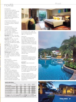 QUOTE INDIVIDUALI
Pernottamento e prima colazione
in in terzo primo secondo
doppia singola adulto bambino bambino
CAMERA STANDARD
DAL 1 NOVEMBRE AL 12 DICEMBRE 56 112 56 44 GRATUITO
DAL 13 DICEMBRE AL 7 GENNAIO 136 272 71 44 GRATUITO
DAL 8 GENNAIO AL 4 FEBBRAIO 73 146 65 44 GRATUITO
DAL 5 AL 15 FEBBRAIO 97 194 69 44 GRATUITO
DAL 16 AL 29 FEBBRAIO 73 148 65 44 GRATUITO
DAL 1 AL 31 MARZO 60 120 55 44 GRATUITO
DAL 1 AL 30 APRILE 64 129 59 44 GRATUITO
Supplemento notte a camera: Superior € 5; De Luxe € 14; Family room € 34.
Cena € 30 a persona; bambini € 15. Soft all inclusive € 70 a persona; bambini € 35.
Trasferimenti con auto privata da e per l’aeroporto € 70 a persona (min. 2 pax).
THAILANDIA 27
NOVOTEL KARON BEACH
SULLA COSTA OVEST DELL’ISOLA DI PHUKET, LA TERRA DEL
SORRISO, DOVE REGNANO PACE E TRANQUILLITÀ DI GIORNO
MENTRE LA NOTTE SI SCATENA UNO SFRENATO DIVERTIMENTO.
Phuket
novità
26 THAILANDIA
CAMERA STANDARD
POSIZIONE
La struttura accogliente
raccolta intorno ad una grande
piscina centrale, è situata
nelle immediate vicinanze
della spiaggia di Karon e a 15
minuti dal centro di Patong.
Trasferimento dall’aeroporto di
Phuket: 45 minuti.
STRUTTURE E SERVIZI
3 ristoranti, 2 bar, 3 piscine di
cui una per bambini, palestra,
miniclub.
SISTEMAZIONI
Le camere arredate in stile
moderno sono dotate di
balcone, aria condizionata,
TV, cassaforte, minibar,
asciugacapelli, Wi-Fi gratuito.
Si suddividono in:
Standard (28 mq) - Con letto
"king size" o a 2 letti. Terzo letto
non disponibile.
Superior (28 mq) - Con letto
"king size" o a 2 letti, più
eventuale letto aggiunto. Ideali
per nucleo familiare (due adulti e
1 bambino).
De luxe (33 mq) - Camere
più confortevoli con letto "king
size" o a 2 letti, più eventuale
letto aggiunto. Ideali per
nucleo familiare (due adulti e 1
bambino) o per 3 adulti.
Family room (38 mq) - Ideali
per famiglie, possono ospitare
due adulti e 2 bambini sistemati
in un letto "king size" più un letto
a castello.
RISTORANTE
Prima colazione a buffet al
ristorante Horizons.
Per i clienti con trattamento
di mezza pensione la cena è
prevista presso il ristorante Joe
Kool’s con 3 portate a scelta (un
antipasto, un piatto principale e
un dessert).
Per i clienti con trattamento
“soft all inclusive” il pranzo è
presso il ristorante Joe Kool’s o
al Champion Bar con 2 portate
a scelta (un antipasto e un piatto
principale oppure piatto principale
e un dessert); cena a buffet
presso il ristorante Joe Kool’s;
incluse bevande analcoliche, birra
e vino locali, succhi, caffè, thè,
alcune bevande alcoliche servite
dalle ore 10 alle ore 22.
SPIAGGIA
Un tratto di spiaggia libera
incontaminato si affaccia sul
Mare delle Andamane ed è
raggiungibile attraversando una
strada. Le spiagge a Phuket ge-
neralmente non sono attrezzate.
CENTRO BENESSERE
Il centro prevede trattamenti di
bellezza e massaggi tradizionali
nell’attrezzata spa, dove vengo-
no utilizzati oli ed essenze per
rigenerarsi in un’atmosfera di
assoluto relax.
ASSISTENZA
L’assistenza è prevista dal per-
sonale locale dell’agenzia corri-
spondente che parla italiano.
ATTIVITÀ
Gratuite: yoga, acqua gym.
BAMBINI
A disposizione un kids club per
bambini da 4 a 16 anni, in fun-
zione dalle 8 del mattino fino alle
21, gestito da personale locale
che parla inglese.
CENTRO SUBACQUEO
L’hotel si avvale di un centro su-
bacqueo situato a Karon dove
è possibile tramite la reception
prenotare le immersioni (a
pagamento).
 