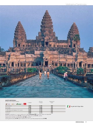 L’INDIMENTICABILE VISITA AI TEMPLI DI ANGKOR WAT
E LA SUGGESTIVA CROCIERA NELLA BAIA DI HALONG.
APPASSIONATAMENTE KHMER
15 GIORNI / 12 NOTTI PARTENZE DI DOMENICA E LUNEDÌ
Hanoi
Ninh Binh
Baia di Halong
Hue
Hoi An
Saigon
Angkor Wat
INDOCINA 76 INDOCINA
EASIA - SIC Appassionatamente Vietnam + Siem Reap
8, 22 NOVEMBRE 2.800 2.130 450
20 DICEMBRE 3.080 2.260 450
27 DICEMBRE 3.120 2.200 450
11, 25 GENNAIO; 22 FEBBRAIO; 7, 21 MARZO 2.820 2.130 530
11, 25 APRILE 2.820 2.130 530
16 MAGGIO 2.800 2.110 510
BAMBINO: un bambino 2-11 anni in camera con 2 adulti RIDUZIONE 30%.Terzo letto adulto non disponibile.
Giorno extra Hanoi pre tour € 114 a camera; Siem Reap post tour € 114 a camera.
Supplemento Sud Italia con Alitalia/Etihad € 150 a persona.
Quota gestione pratica € 70 adulti e bambini dai 2 anni in poi.Tasse aeroportuali (circa) € 440.
QUOTE INDIVIDUALI
da Milano, Roma,Venezia e Bologna solo tour supplemento
in doppia in doppia singola
Con guide locali di lingua italiana
1° GIORNO Italia/Vietnam
Partenza con voli di linea per il Vietnam (via Europa e Bangkok). Pernottamento
a bordo.
2° GIORNO Hanoi
Arrivo e trasferimento in albergo. Nel pomeriggio una prima passeggiata a piedi
con la guida per familiarizzare con la città. Si prosegue con una divertente escur-
sione in risciò (o minivan elettrico) nei dintorni del lago Hoan Kiem e attraverso
il quartiere dei 36 mestieri.Visita del tempio di Ngoc Son. Cena in ristorante e
pernottamento all’hotel Hanoi Pearl (o similare 4 stelle).
3° GIORNO Hanoi
Prima colazione.La visita della città classica inizia con una passeggiata a piedi attraverso
le bancarelle del mercato alimentare. Successivamente ci si reca in una antica casa
locale per un breve corso di cucina dove imparerete a realizzare alcuni piatti tradizio-
nali. Pranzo. Nel pomeriggio prosegue la visita di Hanoi con la pagoda diTran Quoc,
ilTempio della Letteratura ed il museo etnografico. Cena libera e pernottamento.
4° GIORNO, Hanoi/ Ninh Binh
Prima colazione. Circa 2 ore e mezza di strada per raggiungere il villaggio di Nho
Quan. Pranzo con la gente del posto. Nel pomeriggio, visita di Gia Hung con un giro
in bicicletta (o in motorino con guidatore) sulla diga lungo il fiume Boi.Arrivati aVan
Long, si sale a bordo di piccole imbarcazioni a remi per una traversata di circa un’ora
e mezza tra campi di riso e lo spettacolare scenario di picchi rocciosi, canali e vege-
tazione. Cena libera e pernottamento all’hotel Ninh Binh Legend (o similare 4 stelle).
5° GIORNO Ninh Binh/ Halong/ Crociera nella baia
Prima colazione. Partenza al mattino per Halong, circa 4 ore di strada, con arrivo
intorno a mezzogiorno ed imbarco per una crociera di 20 ore nella baia di Halong (pa-
trimonio UNESCO) a bordo di una confortevole giunca in legno. Pranzo, cena e per-
nottamento a bordo della giunca (Indochina Sails o similare;cabine con servizi privati).
6° GIORNO Halong/ Hanoi/ Hue
Prima colazione e mattinata ancora in crociera nella magnifica baia di Halong.
Sbarco e partenza perYen Duc, un piccolo villaggio dove si potrà assistere ad uno
spettacolo di marionette sull’acqua. Pranzo preparato dagli abitanti del posto. Nel
pomeriggio, trasferimento all’aeroporto di Hanoi e volo per Hue.Trasferimento a
Hue. Cena e pernottamento all’hotel Moonlight (o similare 4 stelle).
7° GIORNO Hue
Prima colazione.Giro in bicicletta o cyclo sulla strada lungo il fiume fino alla pagoda
diThien Mu. Sosta per la visita di una casa con un giardino tipico della città di Hue.
Visita della pagoda e proseguimento in auto/minibus per il mausoleo di Minh Mang.
Pranzo in ristorante tipico. Nel pomeriggio, visita della Cittadella Imperiale e del
mercato locale di Dong-Ba. Cena in ristorante. Pernottamento.
8° GIORNO Hue/ Danang/ Hoi An
Prima colazione. Partenza per Danang, passando per il famoso “colle delle nuvo-
le”, che offre dalla sua cima uno stupendo panorama. Breve sosta sulla spiaggia di
Lang Cô prima di proseguire per Hoian. Pranzo in ristorante e sistemazione in
hotel. Nel pomeriggio visita al complesso dei templi del Regno Cham (patrimonio
UNESCO) risalenti a periodi diversi dal IV al XIII secolo. Rientro a Hoi An. Cena
libera e pernottamento all’hotel Ancient HouseVillage (o similare 4 stelle).
9° GIORNO Escursione a DuyVinh
Prima colazione. Al mattino visita guidata della cittadina di Hoi An (“antico villag-
gio”) alla scoperta delle case cinesi risalenti a più di due secoli fa. Proseguimento in
battello per il villaggio di Kim Bong ed incontro con uno scultore locale. Si riparte in
bicicletta (o in motorino con guidatore) per il villaggio di DuyVinh. Qui si scopriran-
no le tecniche artigianali della lavorazione del cai còi, la pianta utilizzata per la rea-
lizzazione delle tradizionali stuoie.A seguire, visita al villaggio dei pescatori e rientro
a Hoi An per il pranzo in una casa locale. Pomeriggio libero per relax e shopping.
Cena libera e pernottamento.
10° GIORNO Hoi An/ Ho Chi Minh
Prima colazione.Trasferimento all’aeroporto di Danang e volo per Ho Chi Minh
City.Trasferimento in città e visita del quartiere cinese di Cho Lon, con il mercato
Binh Tay e la pagoda Thien Hau. Pranzo in ristorante. A seguire nel pomeriggio
visita dell’antica Saigon: l’Ufficio Postale, la Cattedrale Notre-Dame, la via Dong
Khoi e il museo di Fito.Tempo libero per shopping. Cena in ristorante panoramico.
Pernottamento all’hotel Harmony (o similare 4 stelle).
11° GIORNO Ben Tre/ Ho Chi Min/ Siem Reap
Prima colazione. Partenza per BenTre e visita in barca sul fiume Mekong. Prosegui-
mento per le insenature del Cai Son e giro in bicicletta (o in motorino con guidatore)
per esplorare l’area circostante. Pranzo in una casa locale. Nel pomeriggio, si prende
una barca a remi dall’isoletta di Cai Coi per esplorare il torrente omonimo.Trasferi-
mento all’aeroporto di Ho Chi Minh e volo per Siem Reap (Cambogia).Trasferimento
in albergo.Cena e pernottamento all’hotelTaraAngkor Siem Reap (o similare 4 stelle).
12° GIORNOVisita di Angkor (Angkor Wat, Banteay Srei e Ta Prohm)
Prima colazione. Al mattino, visita del meraviglioso tempio di Angkor Wat, uno dei
monumenti più straordinari mai concepiti dall’uomo, costruito nel XII secolo dalla
civiltà Khmer. Pranzo in ristorante tipico. Nel pomeriggio si visita il tempio di Banteay
Srei, uno dei gioielli più straordinari dell’arte Khmer. Sulla via del ritorno, sosta al vec-
chio monastero di Ta Prohm, dove giganteschi alberi secolari hanno messo le radici
nelle pietre sovrastando le costruzioni circostanti. Cena in ristorante. Pernottamento.
13° GIORNOVisita ai templi di Angkor
Prima colazione. Al mattino, partenza in “tuk-tuk” per il Nord di Angkor.Visita ai
templi di Preah Khan e Neak Pean, l’isola-tempio di Angkor e dei due bellissimi
templi di Thommanon e Chau Say Tevoda del XII secolo. Pranzo in ristorante.
Nel pomeriggio, visita di Angkor Thom (antica capitale del regno Jayavarman VII)
con il tempio di Bayon e le sue 54 torri, la Terrazza degli Elefanti, la Terrazza del
re lebbroso e il museo nazionale di Angkor. Cena in ristorante con spettacolo di
danze tradizionali. Pernottamento.
14° GIORNO Kompong Khleang/ Siem Reap/ Italia
Prima colazione. Sveglia di primo mattino per raggiungere il villaggio galleggiante
di Kompong Khleang con le sue caratteristiche case su palafitta. Giro a piedi nel
villaggio e visita di una casa dove abita una famiglia di allevatori di coccodrilli.
Proseguimento in motobarca attraverso i canali alla volta del grande lago. Pranzo
pic-nic in corso di escursione. Rientro a Siem Reap nel pomeriggio.Tempo libero
fino al trasferimento in aeroporto e partenza per l’Italia. Pernottamento a bordo.
15° GIORNO Italia
Arrivo in Italia.
Vietnam+Cambogia
 