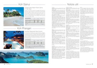 16 Indocina
Un indimenticabile viaggio da nord a sud attraverso i profumi e i sapori vietnamiti.
Vietnam Completo
EASIA - PRIV Vietnam dal Nord al Sud 1408410003
Hanoi Baia di Halong Hue Hoi An Duy Vinh Saigon
DAL 1-MAG AL 18-LUG 2.650 380 1.970 2.770 530 2.090
DAL 19-LUG AL 16-AGO 2.790 380 1.970 2.920 530 2.090
DAL 17-AGO AL 10-DIC 2.700 380 2.030 2.830 530 2.150
BAMBINO: un bambino 2-11 anni in camera con 2 adulti RIDUZIONE 30%.Terzo letto adulto non disponibile.
Quota gestione pratica € 70 adulti e bambini dai 2 anni in poi.Tasse aeroportuali (circa) € 410.
QUOTE INDIVIDUALI
da Milano e Roma CON ALBERGHI 4 STELLE CON ALBERGHI 5 STELLE
in doppia supp. singola solo tour in doppia supp. singola solo tour
in doppia in doppia
10 GIORNI / 7 NOTTI
PARTENZE TUTTI I GIORNI
(MIN. 2 PARTECIPANTI)
1 giorno, Italia/Vietnam - Partenza con voli di linea per ilVietnam (via Euro-
pa e Bangkok). Pernottamento a bordo.
2 giorno, Hanoi - Arrivo e trasferimento in albergo. Pranzo libero.Tempo a
disposizione per riposarsi. Cena e pernottamento all’hotel Mövenpick Ha Noi (4
stelle) oppure Hotel de l’Opera Hanoi (5 stelle).
3 giorno, Hanoi - Prima colazione. La visita della capitale delVietnam
include la visita (esterna) del mausoleo di Ho Chi Minh e la sua residenza storica,
la casa sulla palafitta, la pagoda a pilastro unico ed il tempio della Letteratura (già
università delVietnam).All’ora di pranzo parteciperete attivamente ad un breve
corso di cucina vietnamita. Coadiuvati da un cuoco e dai suoi assistenti impare-
rete a realizzare alcuni piatti tradizionali, che poi gusterete. Nel pomeriggio, visita
del museo etnografico e giro in risciò di circa un’ora attraverso il quartiere della
città vecchia e nei dintorni del lago Hoan Kiem. La giornata si chiude con uno
spettacolo di marionette sull’acqua. Cena in ristorante. Pernottamento.
4 giorno,Hanoi/ Halong/ Crociera nella baia - Prima colazione. Partenza
al mattino per Halong, circa 4 ore di strada, con arrivo intorno a mezzogiorno ed
imbarco per una crociera di 20 ore nella baia di Halong (patrimonio UNESCO)
a bordo di una confortevole giunca in legno. Pranzo, cena e pernottamento a
bordo della giunca (Luxury Aphrodite Halong o similare; cabine con servizi privati).
5 giorno, Halong/ Hanoi/ Hue - Prima colazione a bordo. Si consiglia di
svegliarsi all’alba per ammirare la baia nello splendore del mattino. Sbarco prima
di mezzogiorno, pranzo in ristorante e trasferimento all’aeroporto di Hanoi per
il volo alla volta di Hue.Trasferimento in albergo. Cena e pernottamento all’hotel
Indochine Palace (4 stelle sup.) oppure PilgrimageVillage (5 stelle).
6 giorno,Hue/ HoiAn - Prima colazione.Al mattino giro in bicicletta (o in
motorino con autista) sulla strada lungo il fiume fino alla pagoda diThien Mu. Sosta
per la visita di una casa con un giardino tipico della città di Hue costruita secondo
le norme della geomanzia.Visita della pagoda e proseguimento in auto per il mau-
soleo di Minh Mang. Pranzo in ristorante. Nel pomeriggio, visita della Cittadella
Imperiale e proseguimento per Hoi An. Cena in ristorante. Pernottamento all’hotel
Boutique Hoi An Resort (4 stelle) oppure Palm Garden Resort (5 stelle).
7 giorno, Hoi An/ DuyVinh/ Ho Chi Minh - Prima colazione. Giornata
dedicata alla scoperta di Hoi An e dintorni con visita a piedi dell’antico villaggio
di Hoi An (patrimonio UNESCO), e dei principali siti tra cui il Ponte Giapponese,
ilTempio Cinese, la Casa diTan Ky. Proseguimento in battello per il villaggio di
Kim Bong, sull’isola di Cam Kim. Incontro con uno scultore locale. Si riparte in
bicicletta (o in motorino con guidatore) per il villaggio di DuyVinh. Circa 13 km
di suggestivi paesaggi di risaie, distese di bamboo e sentieri alberati.A DuyVinh si
scopriranno le tecniche artigianali della lavorazione del cai còi, la pianta utilizzata
per la realizzazione delle tradizionali stuoie. Pranzo in ristorante.Trasferimento
in aeroporto e volo per Ho Chi Minh (Saigon).Trasferimento in albergo. Cena
in ristorante. Pernottamento all’hotel Novotel Saigon Centre (4 stelle) oppure
Sofitel Sai Gon Plaza (5 stelle).
8 giorno, Ho Chi Minh - Prima colazione. Partenza per Cu Chi e visita
dei tunnel scavati dai vietminh durante la guerra contro i francesi e anni più tardi
daiViet Cong durante la guerra contro gli americani. Rientro in città e pranzo
in ristorante. Nel pomeriggio, visita della città cominciando dal quartiere cinese
di Cho Lon con la pagodaThien Hau.A seguire gli altri luoghi storici dell’antica
Saigon: l’Ufficio Postale, la Cattedrale Notre-Dame e la via Dong Khoi. Cena in
ristorante panoramico. Pernottamento.
9 giorno, BenTre, Ho Chi Minh/ Italia - Prima colazione.Al mattino,
partenza per BenTre e visita in barca per scoprire la vita quotidiana degli abitanti
del fiume Mekong. Proseguimento per le insenature del Cai Son e del Nhon
Thanh e giro in bicicletta (o in motorino con guidatore) per esplorare l’area cir-
costante. Pranzo in una casa locale. Nel pomeriggio, si prende una barca a remi
dall’isoletta di Cai Coi per esplorare il torrente omonimo, visitare una fattoria di
produzione di riso e una vecchia casa tipica della regione. Rientro a Saigon.Trasfe-
rimento in aeroporto e partenza per l’Italia. Pernottamento a bordo.
10 giorno, Italia - Arrivo in Italia.
Con guide locali di lingua italiana
SPECIALE SPOSI
Riduzione a coppia € 100
 