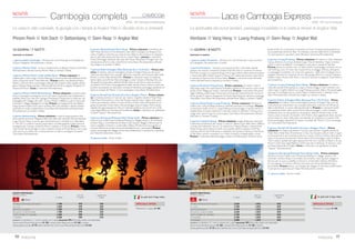 6 Indocina
15 GIORNI / 12 NOTTI
PARTENZE DI DOMENICA
1 giorno, Italia/Vietnam - Partenza con voli di linea per ilVietnam (via
Europa e Bangkok). Pernottamento a bordo.
2 giorno, Hanoi - Arrivo e trasferimento in albergo. Nel pomeriggio una
prima passeggiata a piedi con la guida per familiarizzare con la città. Si prosegue
con una divertente escursione in risciò (o minivan elettrico) nei dintorni del
lago Hoan Kiem e attraverso il quartiere dei 36 mestieri.Visita del tempio
di Ngoc Son. Cena in ristorante e pernottamento all’hotel Hanoi Pearl (o
similare 4 stelle).
3 giorno, Hanoi - Prima colazione. La visita della città classica inizia con
una passeggiata a piedi attraverso le bancarelle del mercato alimentare. Suc-
cessivamente ci si reca in una antica casa locale per un breve corso di cucina:
suddivisi in gruppi di lavoro e supervisionati dal cuoco e dai suoi assistenti im-
parerete a realizzare alcuni piatti tradizionali. Pranzo. Nel pomeriggio prosegue
la visita di Hanoi con la pagoda diTran Quoc, ilTempio della Letteratura (già
università delVietnam) ed il museo etnografico. Cena libera e pernottamento.
4 giorno, Hanoi/ Ninh Binh - Prima colazione. Circa 2 ore e mezza di
strada per raggiungere la provincia di Ninh Binh.Arrivo al villaggio di Nho Quan
intorno a mezzogiorno e pranzo con la gente del posto. Nel pomeriggio, visita
di Gia Hung con un giro in bicicletta (o in motorino con guidatore) sulla diga
lungo il fiume Boi, per esplorare i villaggi del delta.Arrivati aVan Long, si sale a
bordo di piccole imbarcazioni a remi per una traversata di circa un’ora e mezza
tra campi di riso e lo spettacolare scenario di picchi rocciosi, canali e vegetazione.
Cena libera e pernottamento all’hotel Ninh Binh Legend (o similare 4 stelle).
5 giorno, Ninh Binh/ Halong/ Crociera nella baia - Prima colazione.
Partenza al mattino per Halong, circa 4 ore di strada, con arrivo intorno a
mezzogiorno ed imbarco per una crociera di 20 ore nella baia di Halong (patri-
monio UNESCO) a bordo di una confortevole giunca in legno. Pranzo, cena
e pernottamento a bordo della giunca (Luxury Aphrodite Halong o similare;
cabine con servizi privati).
6 giorno, Halong/ Hanoi/ Hue - Prima colazione e mattinata ancora
in crociera nella magnifica baia di Halong. Sbarco e partenza perYen Duc,
un piccolo villaggio dove si potrà assistere ad uno spettacolo di marionette
sull’acqua. Pranzo preparato dagli abitanti del posto. Nel pomeriggio, trasferi-
mento all’aeroporto di Hanoi e volo per Danang.Trasferimento a Hue. Cena e
pernottamento all’hotel Mondial Hue (o similare 4 stelle).
7 giorno, Hue - Prima colazione. Giro in bicicletta o cyclo sulla strada lungo
il fiume fino alla pagoda diThien Mu. Sosta per la visita di una casa con un giardi-
no tipico della città di Hue, costruita secondo le antiche norme della geomanzia.
Visita della pagoda e proseguimento in auto/minibus per il mausoleo di Minh
Mang. Pranzo in ristorante tipico. Nel pomeriggio, visita della Cittadella Imperiale
e dellaTomba dell’ImperatoreTu Duc. Cena in ristorante. Pernottamento.
8 giorno, Hue/ Danang/ Hoi An - Prima colazione.Al mattino, partenza
in direzione di Danang, passando per il famoso “colle delle nuvole”, che offre dalla
sua cima uno stupendo panorama. È prevista una breve sosta sulla spiaggia di
Lang Cô prima di proseguire per Hoian. Pranzo in ristorante e sistemazione in
hotel. Nel pomeriggio visita al complesso dei templi del Regno Cham (patrimo-
nio UNESCO) risalenti a periodi diversi dal IV al XIII secolo. Rientro a Hoi An.
Cena libera e pernottamento all’hotelVinh Hung Resort (o similare 4 stelle).
9 giorno, Escursione a DuyVinh - Prima colazione.Al mattino visita gui-
data della cittadina di Hoi An (“antico villaggio”) con una passeggiata per le viuzze
alla scoperta delle case cinesi risalenti a più di due secoli fa. Proseguimento in
battello per il villaggio di Kim Bong, sull’isola di Cam Kim. Incontro con uno scul-
tore locale. Si riparte in bicicletta (o in motorino con guidatore) per il villaggio di
DuyVinh. Circa 13 km di suggestivi paesaggi di risaie, distese di bamboo e sentieri
alberati.A DuyVinh si scopriranno le tecniche artigianali della lavorazione del cai
còi, la pianta utilizzata per la realizzazione delle tradizionali stuoie.A seguire, visita
al villaggio dei pescatori e rientro a Hoi An per il pranzo in ristorante tipico.
Pomeriggio libero per relax e shopping. Cena libera e pernottamento.
Appassionatamente Khmer
L’indimenticabile visita ai templi di Angkor Wat e la suggestiva crociera nella baia di Halong.
Hanoi Ninh Binh Baia di Halong Hue Hoi An Saigon Angkor Wat
 