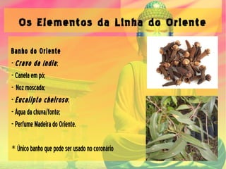 Os Elementos da Linha do Oriente
Banho do Oriente
-Cravo da índia;
-Canelaempó;
- Nozmoscada;
-Eucalipto cheiroso;
-Águadachuva/fonte;
-PerfumeMadeiradoOriente.
*Únicobanhoquepodeserusadonocoronário
 