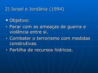 2) Israel e Jordânia (1994) Objetivo: Parar com as ameaças de guerra e violência entre si. Combater o terrorismo com medidas construtivas. Partilha de recursos hídricos. 
