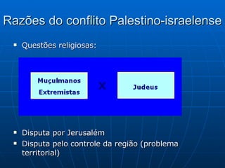 Razões do conflito Palestino-israelense Questões religiosas: Disputa por Jerusalém Disputa pelo controle da região (problema territorial) 