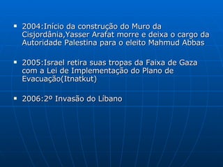 2004:Início da construção do Muro da Cisjordânia,Yasser Arafat morre e deixa o cargo da Autoridade Palestina para o eleito Mahmud Abbas 2005:Israel retira suas tropas da Faixa de Gaza com a Lei de Implementação do Plano de Evacuação(Itnatkut) 2006:2º Invasão do Líbano 