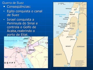 Guerra de Suez Conseqüências: Egito conquista o canal de Suez Israel conquista a Península do Sinai e controla o Golfo de Ácaba,reabrindo o porto de Eilat. 