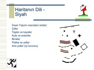 Haritanın Dili -
  Siyah

İnsan Yapımı nesneleri anlatır:
Çitler
Taşlar ve kayalar
Kule ve antenler
Binalar
Patika ve yollar
Ana yollar (içi turuncu)
 