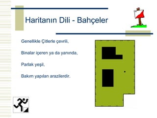Haritanın Dili - Bahçeler

Genellikle Çitlerle çevrili,

Binalar içeren ya da yanında,

Parlak yeşil,

Bakım yapılan arazilerdir.
 