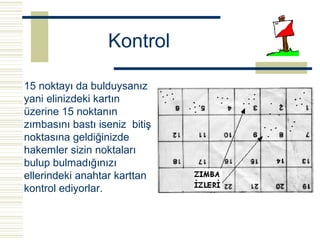 Kontrol

15 noktayı da bulduysanız
yani elinizdeki kartın
üzerine 15 noktanın
zımbasını bastı iseniz bitiş
noktasına geldiğinizde
hakemler sizin noktaları
bulup bulmadığınızı
ellerindeki anahtar karttan
kontrol ediyorlar.
 