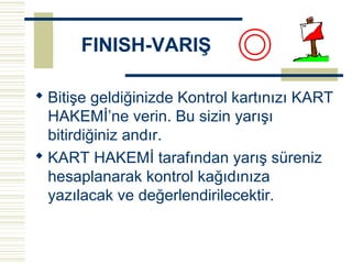 FINISH-VARIŞ

 Bitişe geldiğinizde Kontrol kartınızı KART
  HAKEMİ’ne verin. Bu sizin yarışı
  bitirdiğiniz andır.
 KART HAKEMİ tarafından yarış süreniz
  hesaplanarak kontrol kağıdınıza
  yazılacak ve değerlendirilecektir.
 