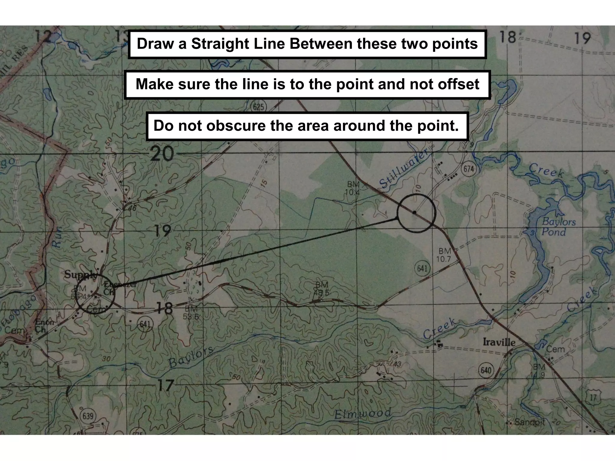 Draw a Straight Line Between these two points

Make sure the line is to the point and not offset

  Do not obscure the area around the point.
 
