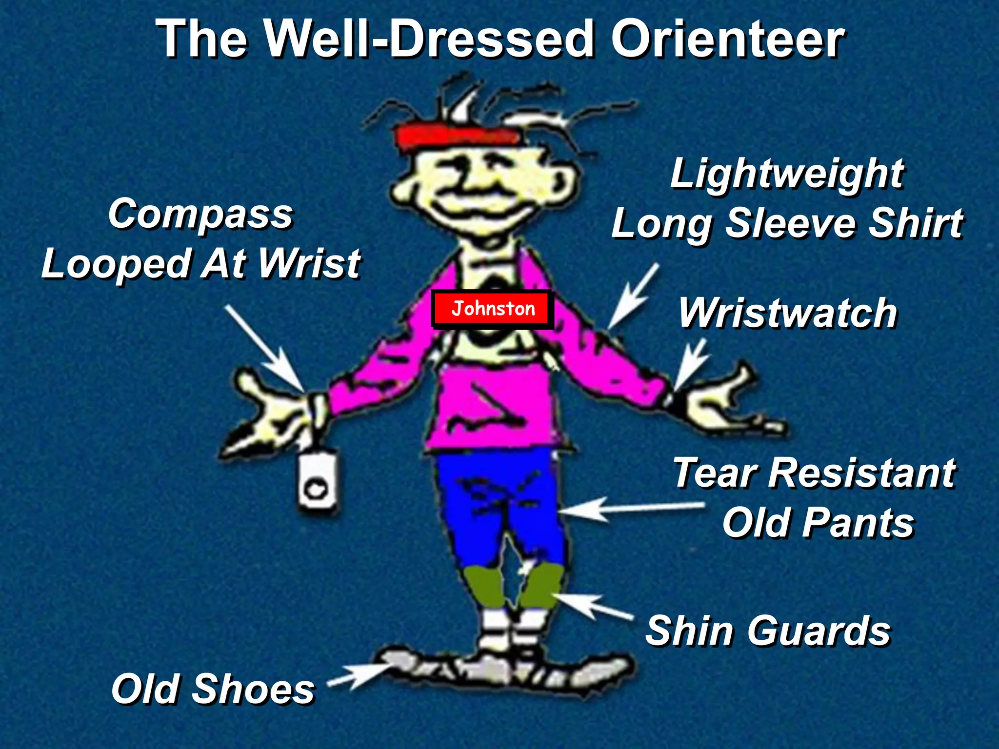 The Well-Dressed Orienteer

                               Lightweight
   Compass                   Long Sleeve Shirt
Looped At Wrist
                  Johnston
                                Wristwatch


                               Tear Resistant
                                 Old Pants

                              Shin Guards
   Old Shoes
 