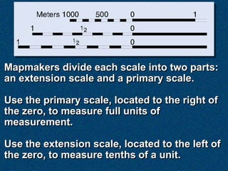 Mapmakers divide each scale into two parts:
an extension scale and a primary scale.

Use the primary scale, located to the right of
the zero, to measure full units of
measurement.

Use the extension scale, located to the left of
the zero, to measure tenths of a unit.
 