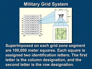 Military Grid System




Superimposed on each grid zone segment
are 100,000 meter squares. Each square is
assigned two identification letters. The first
letter is the column designation, and the
second letter is the row designation.
 
