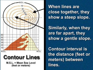 When lines are
close together, they
show a steep slope.

Similarly, when they
are far apart, they
show a gentle slope.

Contour interval is
the distance (feet or
meters) between
lines.
 