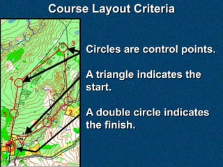 Course Layout Criteria


      Circles are control points.

      A triangle indicates the
      start.

      A double circle indicates
      the finish.
 
