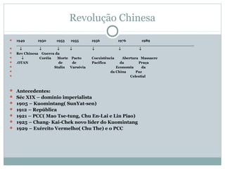 Revolução Chinesa
   1949       1950     1953  1955     1956          1976          1989
    _________________________________________________________________________
     ↓         ↓        ↓    ↓        ↓              ↓          ↓
   Rev Chinesa Guerra da
      ↓        Coréia  Morte Pacto    Coexistência     Abertura Massacre
   .OTAN                de    de      Pacífica       da        Praça
                      Stalin Varsóvia              Economia       da
                                                da China      Paz
                                                           Celestial



 Antecedentes:
 Séc XIX – domínio imperialista
 1905 – Kuomintang( SunYat-sen)
 1912 – República
 1921 – PCC( Mao Tse-tung, Chu En-Lai e Lin Piao)
 1925 – Chang- Kai-Chek novo líder do Kuomintang
 1929 – Exército Vermelho( Chu The) e o PCC
 