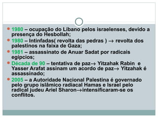  1980 – ocupação do Líbano pelos israelenses, devido a
  presença do Hesbollah;
 1980 – Intinfadas( revolta das pedras ) → revolta dos
  palestinos na faixa de Gaza;
 1981 – assassinato de Anuar Sadat por radicais
  egípcios;
 Década de 90 – tentativa de paz→ Yitzahak Rabin e
  Yasser Arafat assinam um acordo de paz→ Yitzahak é
  assassinado;
 2005 – a Autoridade Nacional Palestina é governado
  pelo grupo islâmico radiacal Hamas e Israel pelo
  radical judeu Ariel Sharon→intensificaram-se os
  conflitos.
 