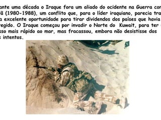 Durante uma década o Iraque fora um aliado do ocidente na Guerra contra  o Irã (1980-1988), um conflito que, para o líder iraquiano, parecia trazer uma excelente oportunidade para tirar dividendos dos países que havia  protegido. O Iraque começou por invadir o Norte do  Kuwait, para ter um  acesso mais rápido ao mar, mas fracassou, embora não desistisse dos  seus intentos. 