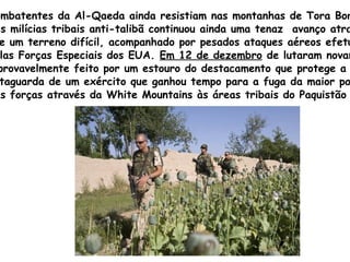 Combatentes da  Al - Qaeda  ainda resistiam nas montanhas de Tora Bora. As milícias tribais anti-talibã continuou ainda uma tenaz  avanço através de um terreno difícil, acompanhado por pesados ataques aéreos efetuados  pelas Forças Especiais dos EUA.  Em 12 de dezembro  de lutaram novamente , provavelmente feito por um estouro do destacamento que protege a  retaguarda de um exército que ganhou tempo para a fuga da maior parte  das forças através da  White   Mountains  às áreas tribais do Paquistão 