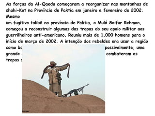 As forças da  Al - Qaeda  começaram a reorganizar nas montanhas de  shahi - Kot  na Província de  Paktia  em janeiro e fevereiro de 2002. Mesmo  um fugitivo talibã na província de  Paktia , o Mulá  Saifur   Rehman , começou a reconstruir algumas das tropas do seu apoio militar aos guerrilheiros anti-americano. Reuniu mais de 1.000 homens para o início de março de 2002. A intenção dos rebeldes era usar a região como base para lançar ataques de guerrilha e, possivelmente, uma grande ofensiva semelhante à do  Mujaïdine  que combateram as tropas soviéticas, nos anos 80. 