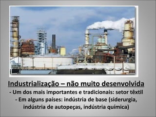 Industrialização – não muito desenvolvida - Um dos mais importantes e tradicionais: setor têxtil - Em alguns países: indústria de base (siderurgia, indústria de autopeças, indústria química) 