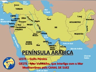 PENÍNSULA ARÁBICA LESTE – Golfo Pérsico OESTE – Mar Vermelho, que interliga com o Mar  Mediterrâneo pelo CANAL DE SUEZ 