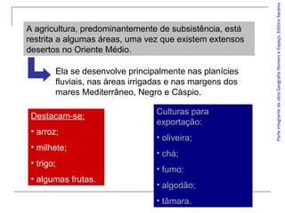 ParteintegrantedaobraGeografiaHomemeEspaço,EditoraSaraiva
A agricultura, predominantemente de subsistência, está
restrita a algumas áreas, uma vez que existem extensos
desertos no Oriente Médio.
Ela se desenvolve principalmente nas planícies
fluviais, nas áreas irrigadas e nas margens dos
mares Mediterrâneo, Negro e Cáspio.
Destacam-se:
• arroz;
• milhete;
• trigo;
• algumas frutas.
Culturas para
exportação:
• oliveira;
• chá;
• fumo:
• algodão;
• tâmara.
 