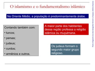 ParteintegrantedaobraGeografiaHomemeEspaço,EditoraSaraiva
O islamismo e o fundamentalismo islâmico
Contando também com:
• turcos;
• persas;
• judeus;
• curdos;
• armênios e outros.
No Oriente Médio, a população é predominantemente árabe.
A maior parte dos habitantes
dessa região professa a religião
islâmica ou muçulmana.
Os judeus formam o
segundo maior grupo
religioso.
 