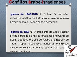 C onflitos  á rabe- i sraelenses A guerra de 1948-1949    A Liga Árabe, não aceitou a partilha da Palestina e invadiu o novo Estado de Israel, sendo depois derrotada. A guerra de 1956    O presidente do Egito, Nasser proíbe o tráfego de navios israelenses no Canal de Suez, bloqueou o Golfo de Ácaba e o Estreito de Tiran. Tropas israelenses, francesas e inglesas invadem o Península do Sinai que foi dominada em seguida por Israel. 
