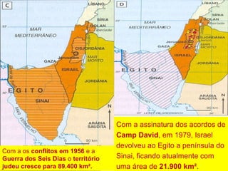 A divisão da Palestina feita pela ONU em 29 de novembro de 1947 deu a Israel  um território de 14.400 km². Após os conflitos de 1948-1949 o Estado de Israel aumentou o seu  território para 20.900 km². Com a os  conflitos em 1956  e a  Guerra dos Seis Dias  o  território judeu cresce para 89.400 km².  Com a assinatura dos acordos de  Camp David , em 1979, Israel devolveu ao Egito a península do Sinai, ficando atualmente com uma área de  21.900 km² . 