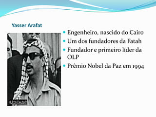 Yasser ArafatEngenheiro, nascido do CairoUm dos fundadores da FatahFundador e primeiro líder da OLPPrêmio Nobel da Paz em 1994