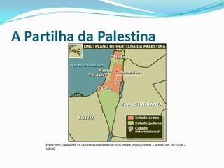 A Partilha da PalestinaFonte:http://www.bbc.co.uk/portuguese/especial/2001/meast_maps/2.shtml – acesso em 16/10/08 – 15H30.